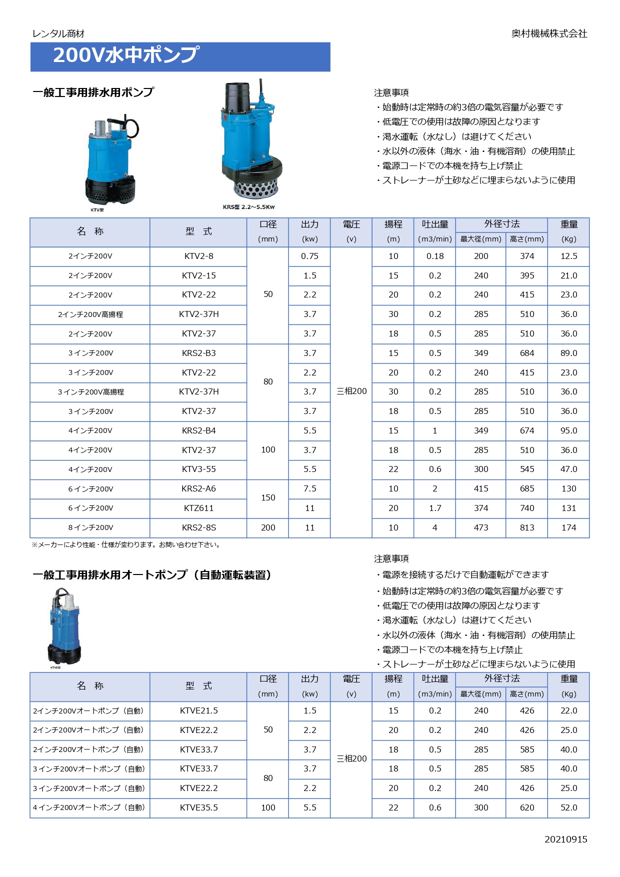 ツルミ 水中ポンプ KTZ43.7  非自動形 100mm 50Hz 60Hz 三相200V 一般工事排水ポンプ 排水ポンプ 排水 排水用 排水用ポンプ - 4