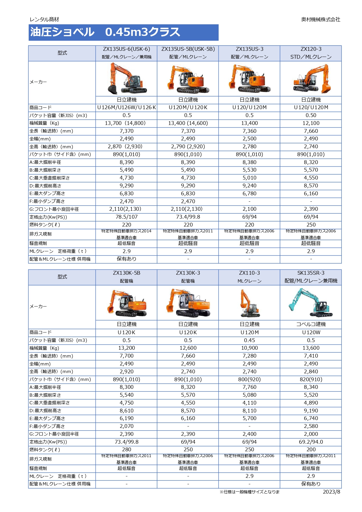 油圧ショベル ZX135US SK135SR PC138USほか （0.45ｍ3クラス） 取扱 